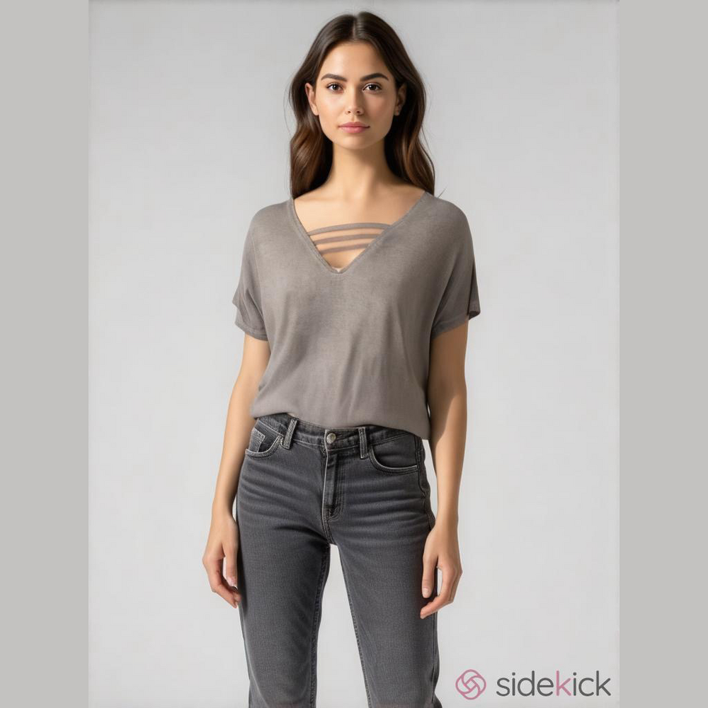 𝅺PINK Rose • Deep V Cut Out Strap Gray Tee M